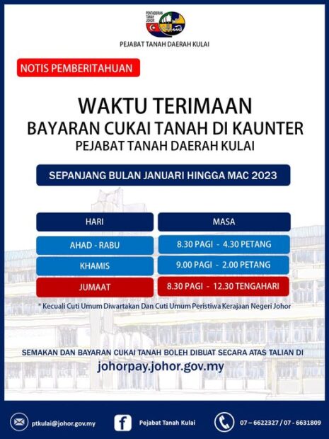 Makluman Waktu Terimaan Cukai Tanah Bagi Pejabat Tanah Daerah Kulai